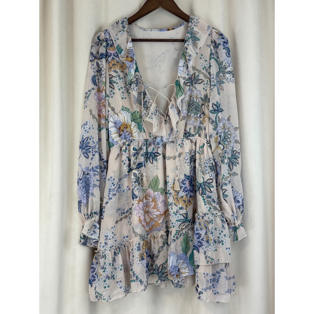 Super Natural by Secret Mission Floral Boho Chiffon Mini Dress‎ Beige Size L